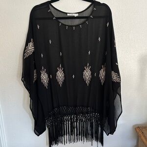 Black Southwest Style Poncho Top with Fringe and Western Beading Size S